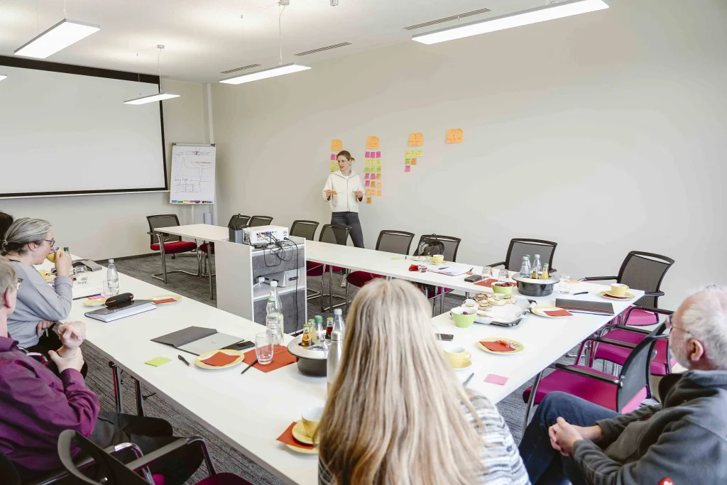 Grosser Konferenz Tisch, eine Person steht an der Wand, klebt darauf Post-Its und erklärt den Inhalt.